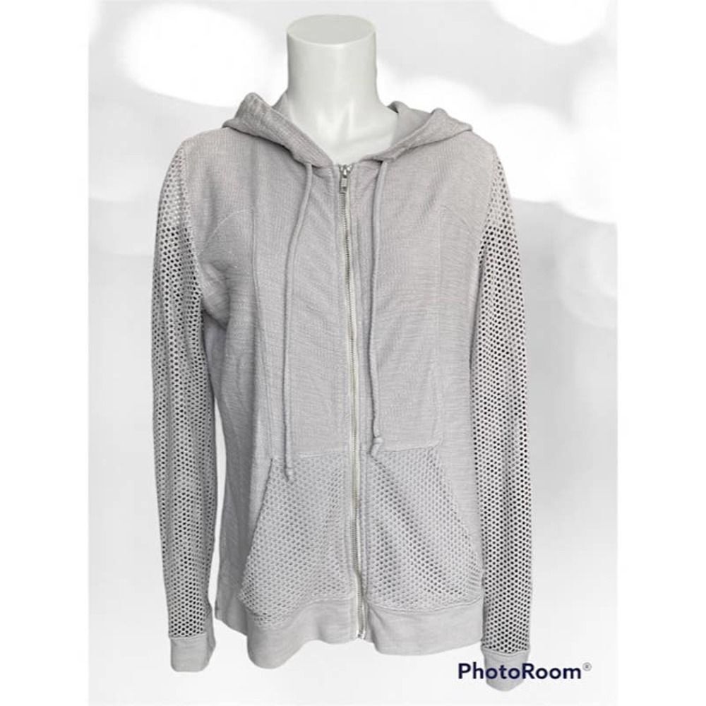 Michael Stars Women's Gray Zip Up Hooded Sweater Mesh Eyelets Sleeve‎ Pockets M